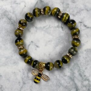 Bumble Bee Jasper - Elegant Black and Yellow Beaded Bracelet with Bee Charm